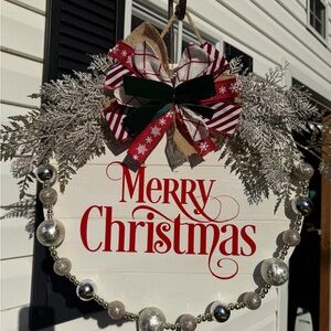 Festive Merry Christmas Wreath with Red and Silver Accents